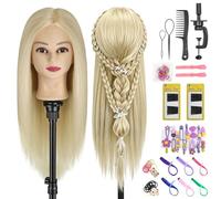 TwoWin Testa Studio Parrucchiere 80% Capelli Veri, 24 Pollici /60 cm Testina Parrucchiere, Testina per Parrucchieri, Manichino Cosmetologia Formazione Con Morsetto & DIY Styling Tools (Beige chiaro)