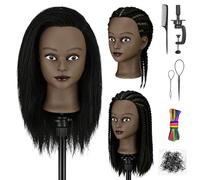 TwoWin Testa Studio Parrucchiere Afro 100% Capelli Veri, 16 Pollici /40 cm Testina Parrucchiere Afro, Testina per Parrucchieri, Testa per acconciature Con Morsetto & DIY Hair Styling Tools (Nero)