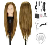 TwoWin Testina Parrucchiere con Base Truccabile e Capelli 80% Naturali - 24 Pollici /61 cm Manichino per Formazione Acconciature con Morsetto e Kit Extension (Marrone Chiaro)