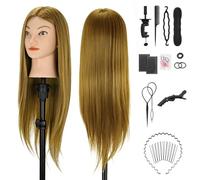 TwoWin Testina Parrucchiere con Capelli Sintetici - 20 Pollici /51 cm Manichino per Formazione Acconciature con Morsetto e Kit Extension (Marrone)