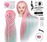 TwoWin Testina Parrucchiere con Capelli Sintetici - 28 Pollici /71 cm Manichino per Formazione Acconciature con Morsetto e Kit Extension (Rosa/Verde)