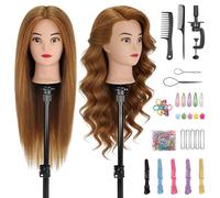 TwoWin Volume Migliorato Testa Studio Parrucchiere 80% Capelli Veri, 26 Pollici/ 65 cm Testina per Parrucchieri, Manichino Cosmetologia Formazione con Morsetto & DIY Hair Styling Tools (Dorato chiaro)