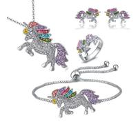 TXDAMAI Set di gioielli per bambini, bracciale dell'amicizia con unicorno, collana e ragazze, regalo di compleanno, bracciale con unicorno, pony, collana e orecchini colorati