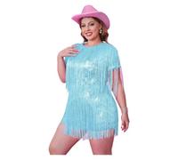 TXLEAPEY Abito da Festa Viola Taglie Forti, Manica Corta, Scollo Rotondo, Frange, Paillettes, Mini(Blue,XL)