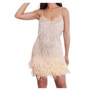 TXLEAPEY Elegante Abito da Donna con Frange, Paillettes, Spalle Scoperte, Mini Bodycon for Le Feste delle Donne(Light Gold,L)