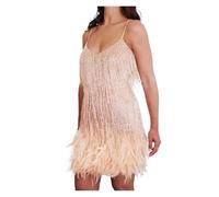 TXLEAPEY Mini Abito Sexy con Paillettes e Nappe da Donna, con Spalline Sottili e Cuciture, Elegante Abito da Sera for Feste in Discoteca(Champagne,S)