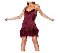 TXLEAPEY Mini Abito Sexy con Paillettes e Nappe da Donna, con Spalline Sottili e Cuciture, Elegante Abito da Sera for Feste in Discoteca(Wine Red,XXXL)