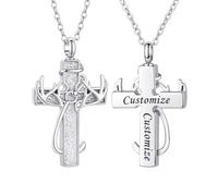 TXQHDHX Customize Urn Necklace Antler & Fish Hook Cross Cremation Jewelry Cross Ashes Holder Keepsake Loved One Memorial Jewelry Personalized Engraved Names