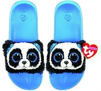 Ty - Ciabatte di Peluche Fashion - Panda - Bamboo - Bianco e Nero - Calzature in pile morbide a forma di panda con occhioni e orecchie azzurre glitter - Taglia 28-31 - 95406