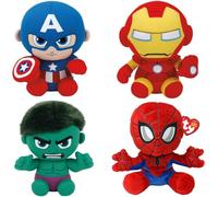 Ty Marvel, Set di 4 Supereroi Marvel, Spiderman, Iron Man, Hulk, Captain America, Morbidi Pupazzi Supereroi da Collezionare, 20 cm