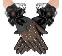 TYBGAU Boutique UK Guanti da donna in pizzo con strass e fiocco corto, guanti elasticizzati da sera scintillanti in tulle velato for la festa dell'opera di nozze Guanti a maglia metallica
