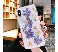 Tybiky Custodia per iPhone SE 2020/7/8, motivo floreale secchi, Sparkly Glitter morbido silicone TPU antiurto fiore vero, custodia per iPhone SE 2020/7/8. Un figlio viola