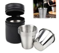 TYBYBB Set di 4 bicchierini in acciaio inox, 30 ml, piccoli, impilabili, con custodia in pelle, per escursioni, campeggio, vacanze all'aperto