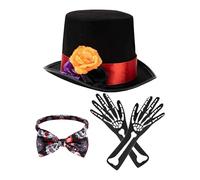 TyCylKu Cappelli per uomini adulti Day Of The Dead Design, poliestere 3pcs Halloween Skeleton Costume Set, Skull Gloves Set, Rose Design -Cappelli per uomo Regolabile