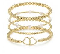 Tyebiva Set di cavigliere da donna, 4 pezzi, con perline dorate, a forma di cuore, con clip e clip a forma di cuore, elastici fatti a mano, impilabili, ideali come regalo per l'estate e l'oceano, 8.5