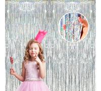 TYEQWT Tende Metalliche Argento, 2Pcs Foil Tenda Compleanno Scintillante,Frangia Tende Festa,Decorazione Lamina Glitter per Compleanni Frange Sfondo Baby Shower Matrimoni Natalizie Photo Wall Contesto
