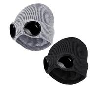 TYFGRT Confezione Da 2 Cappelli Con Occhiali, Cappelli Da Sci, Cappelli Sportivi In Maglia, Cappelli Antivento, Cappelli Caldi Invernali, Cappelli In Maglia Elastica (Grigio, Nero)