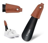 TYGA STORE Metal Shoe Horn - Short 17cm Shoehorn Lazy Shoe Helper, Small Shoe Horns With Leather Handle Strap, For Men, Women and Kids