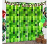 TYHJOY 2 tende tinsel verde - Pixel Miner Style videogioco decorazione per feste per ragazzi compleanno sfondo sfondo per gamer Level Up accessori per feste, tenda da porta streamer decorazione