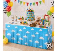 TYHJOY Confezione da 2 gonne da tavolo con nuvole bianche e celesti, decorazioni per compleanno, 73 x 274 cm, in lamina metallica, con frange, per tavoli rettangolari, baby shower, decorazioni per