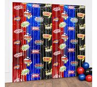 TYHJOY Set di 4 tende per feste a tema supereroi, decorazione metallica lucida per porte e pareti in blu, rosso, giallo, per compleanni dei bambini, feste a tema e sfondo fotografico