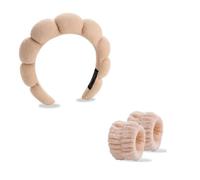 TYLUSPA Fascia Capelli Donna Trucco,Fascia per Capelli in Spugna, Cerchietto Skincare da Donna con 2 Fasce per Polso,Cerchietto Capelli per la cura Della Pelle, il Lavaggio e la Doccia (Cachi)