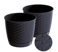 Tymar Vaso da fiori con sottovaso, set da 2 vasi in plastica, rotondo, effetto rattan, RR01 (antracite, diametro 30 cm)
