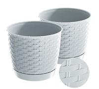 Tymar Vaso da fiori con sottovaso, set da 2 vasi in plastica, rotondo, effetto rattan, RR01 (bianco, ø 30 cm)