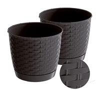 Tymar Vaso da fiori con sottovaso, set da 2 vasi in plastica, rotondo, effetto rattan, RR01 (marrone, diametro 30 cm)