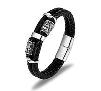 TYMONT Bracciale Con Bussola in Acciaio Al Titanio Intrecciato in Pelle A Doppio Strato Vichingo, Bracciale Da Uomo Con Cordino in Pelle Trinity in Acciaio Inossidabile,Nero,19cm