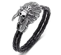 TYMONT Bracciale Con Teschio Capo Indiano Nativo Europeo E Americano, Bracciale Punk in Acciaio Al Titanio Con Corda Intrecciata in Pelle Da Uomo,Nero,16.5cm