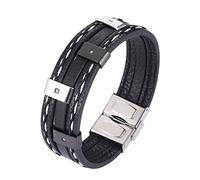 TYMONT Bracciale Da Uomo Con Zirconi Intarsiati in Pelle A Tre File, Braccialetto Accessorio in Acciaio Inossidabile Con Cinturino in Pelle Da Motociclista Alla Moda,Nero,7.67 inches