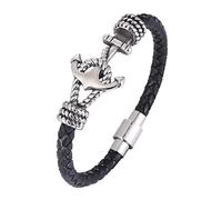 TYMONT Bracciale Da Uomo in Pelle Con Ancora in Acciaio Inossidabile, Bracciale in Pelle Intrecciata Vintage, Bracciale Da Coppia,Argento,20.5cm