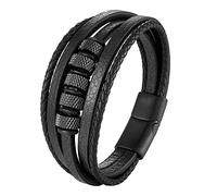 TYMONT Bracciale in Cordoncino Di Cuoio Bracciale Intrecciato in Pelle in Acciaio Inossidabile Gioielli Da Uomo Multistrato in Vera Pelle,Nero,24cm