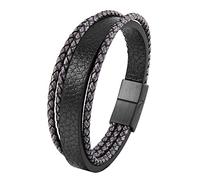 TYMONT Bracciale Intrecciato Con Corda in Pelle Multistrato Moda Vintage Gotica, Regalo Punk Con Corda in Pelle Da Uomo in Acciaio Inossidabile,Nero,18cm