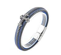 TYMONT Bracciale Intrecciato in Pelle Con Croce Cristiana, Bracciale Da Uomo in Pelle Religiosa Con Croce,Blu,20cm