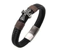 TYMONT Bracciale Intrecciato in Pelle Con Fibbia Magnetica in Acciaio Inossidabile Con Croce Egizia Antica, Bracciale Con Capitolo A Croce in Pelle Da Uomo Vichingo,Nero,22CM