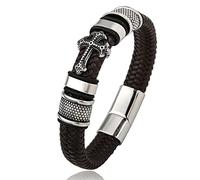 TYMONT Bracciale Intrecciato in Pelle Vintage Con Croce, Bracciale Da Uomo in Pelle Con Croce Cristiana in Acciaio Inossidabile,Marrone,24cm