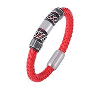 TYMONT Bracciale Rotondo Intrecciato in Pelle Europea E Americana, Bracciale Con Fibbia Magnetica in Pelle Intrecciata Da Uomo, Accessori Moto Punk,Rosso,19.5cm