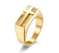 TYMONT Mens Cross Signet Ring, Vintage Christian Religioso Gesù Inciso Anello in Acciaio Inossidabile,D'oro,10