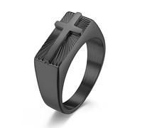TYMONT Mens Cross Signet Ring, Vintage Christian Religioso Gesù Inciso Anello in Acciaio Inossidabile,Nero,8