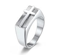 TYMONT Mens Cross Signet Ring, Vintage Christian Religioso Gesù Inciso Anello in Acciaio Inossidabile,Argento,12