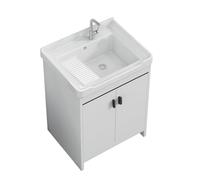 TYMYW Mobile Bagno Bianco con Lavabo Ceramica e Rubinetto con Asse di Lavaggio Mobile Bagno A Terra con Piedini e Cerniere Ammortizzate,60 Cm