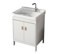 TYMYW Mobile Bagno da Terra con Lavabo in Ceramica e Rubinetto con Asse di Lavaggio Armadio da Bagno con Piedini,Bianco,60 Cm