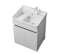 TYMYW Mobile Bagno da Terra con Lavabo in Ceramica e Rubinetto con Asse di Lavaggio Mobile Bagno con Piedini,Bianco,60 Cm