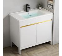 TYMYW Mobile Bagno da Terra con Lavabo in Ceramica e Rubinetto Mobile Bagno con Piedini e Cerniera Ammortizzata,Bianco,80 Cm