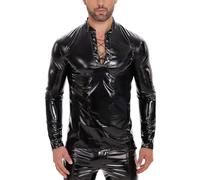 Tynver Maglia a Maniche Lunghe in Ecopelle Lucida da Uomo, Slim Fit Stile Clubwear Rock S-7XL(black,S)