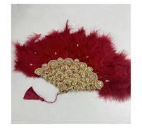 TYNXK Ventaglio con Piume 1pcs Green Turkey Feather Hand Fan Handmade Fans for Wedding Decoration with Stones And Sequins(Color-04)