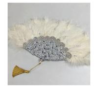 TYNXK Ventaglio con Piume 1pcs Green Turkey Feather Hand Fan Handmade Fans for Wedding Decoration with Stones And Sequins(Color-09)