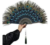 TYNXK Ventaglio con Piume Luxury Embroidery Sequin Peacock Folding Fan Dance Hand with Pendant Wedding Party Decoration(Lake Blue)